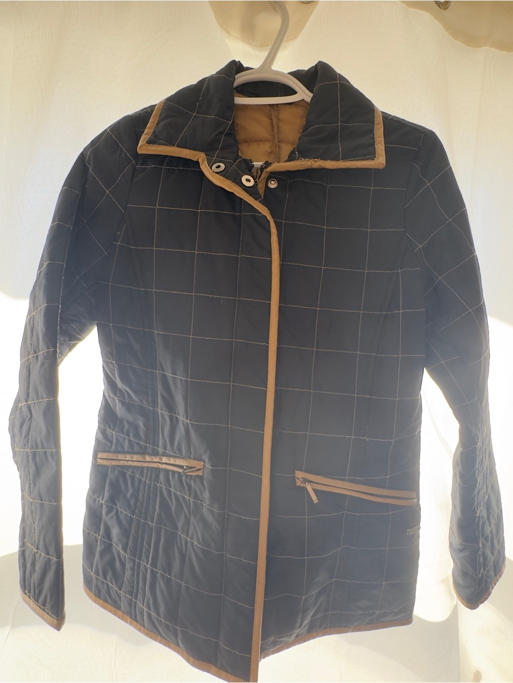 Women's Quilted Black Puffer Jacket with Tan Trim